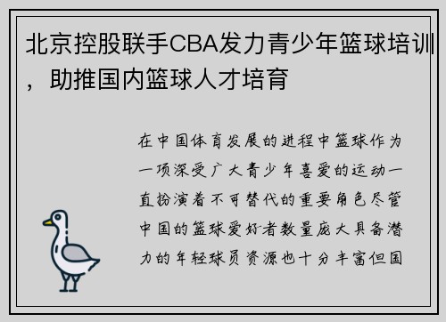 北京控股联手CBA发力青少年篮球培训，助推国内篮球人才培育