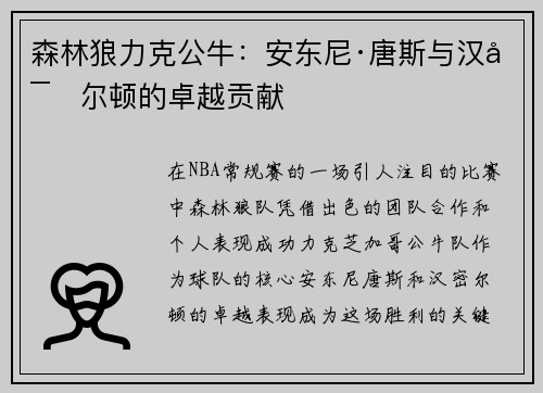 森林狼力克公牛：安东尼·唐斯与汉密尔顿的卓越贡献